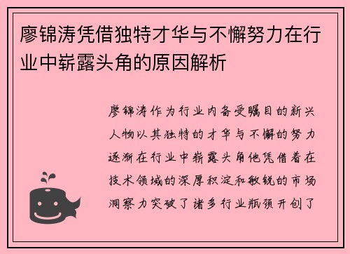 廖锦涛凭借独特才华与不懈努力在行业中崭露头角的原因解析