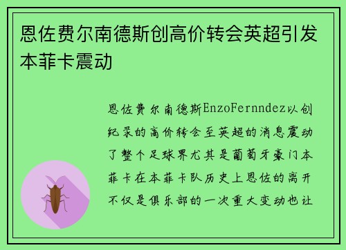 恩佐费尔南德斯创高价转会英超引发本菲卡震动 恩佐费尔南德斯创高价转会英超引发本菲卡震动